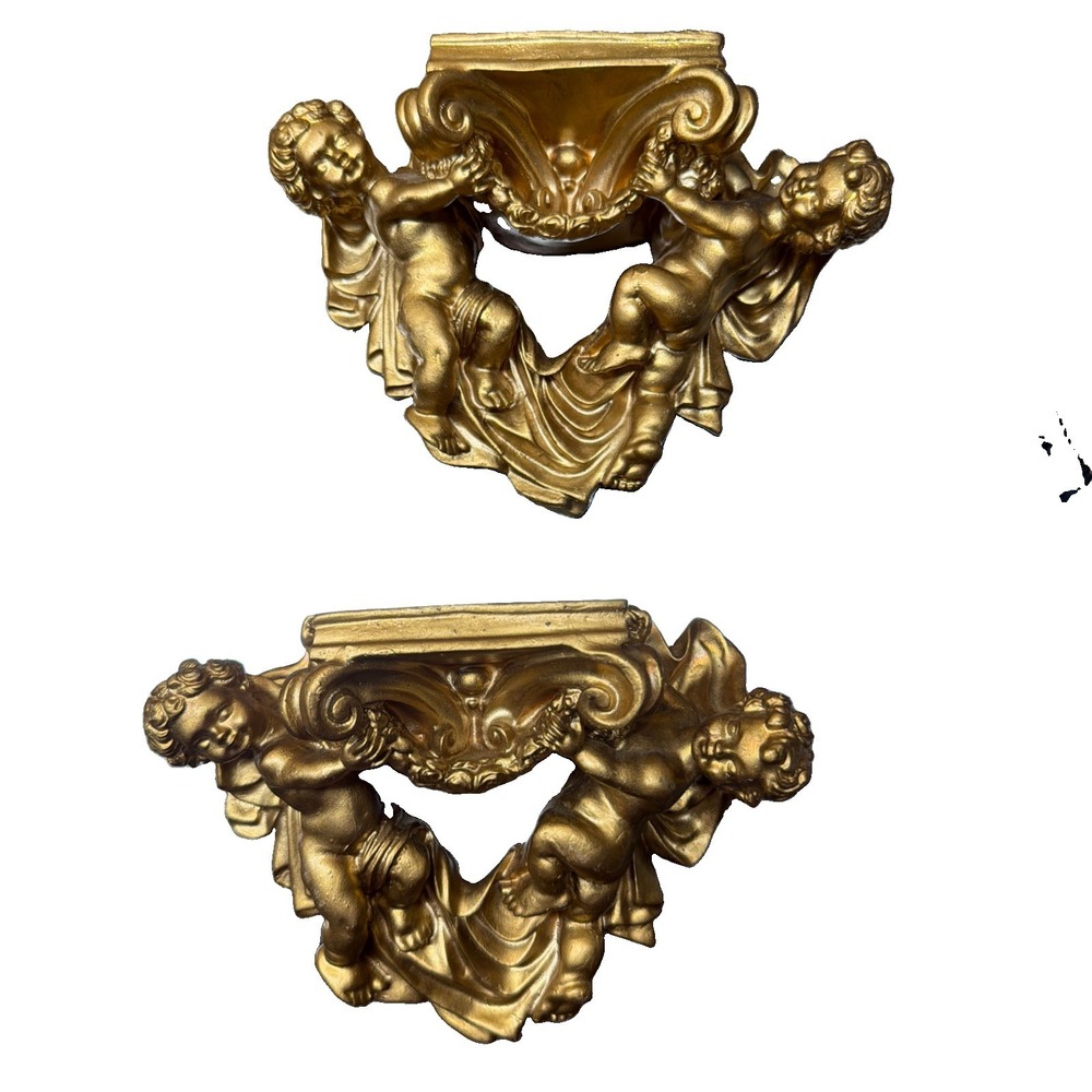 Vtg  Gold Cherub Wall Sconces Shelves Pair Hollywood Regency  Ornate Plaster